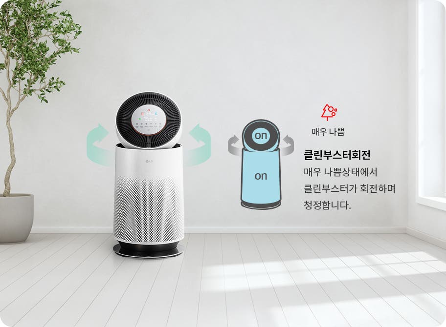공기청정기가 보입니다. 매우 나쁨 클린부스터회전은 매우 나쁨상태에서 클린부스터가 회전하며 청정합니다.